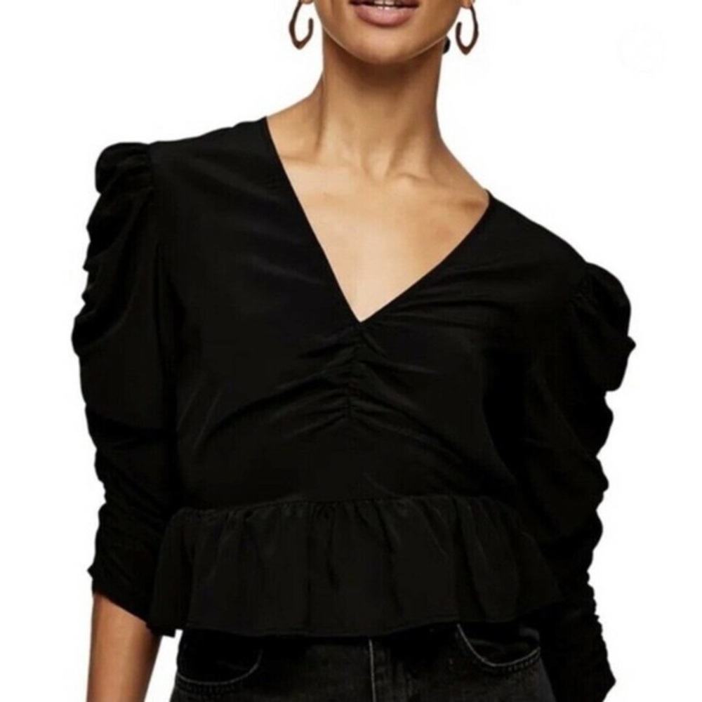 Topshop NWT Black Ruched Sleeve Peplum Hem Top • Size 10